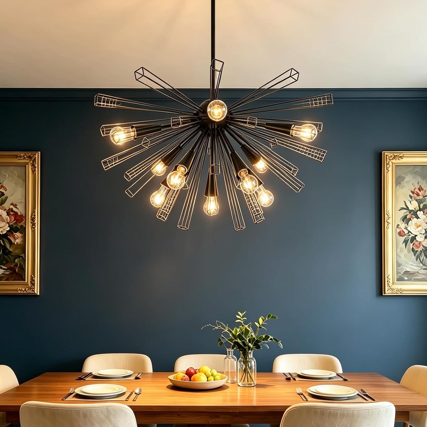 10-Light Black Sputnik Chandeliers, Modern Starburst Chandelier | 33" Farmhouse Dining Room Light Fixture, Large Pendant Light Fixture for Living Room Bedroom Kitchen, Adjustable Height, E26