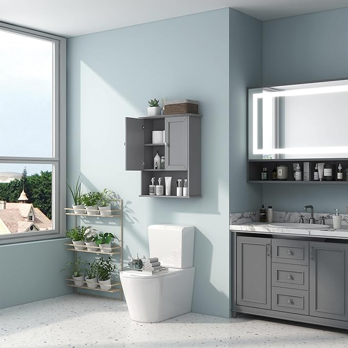 Grey Wall Mounted Bathroom Cabinet 24x30 Inch Wooden Over Toilet Storage Cabinet - Image 9