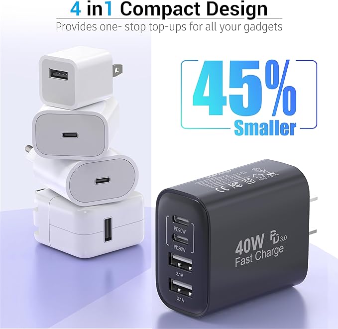 TT&C USB C Block 40W, 4 Ports Wall Plug Fast Charging Block, PD+QC Multiport - Image 6