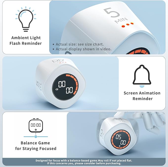 VEWINGL Cube Productivity Timer, 5/10/25/DIY Min Presets + Count-Up Mode - Image 6