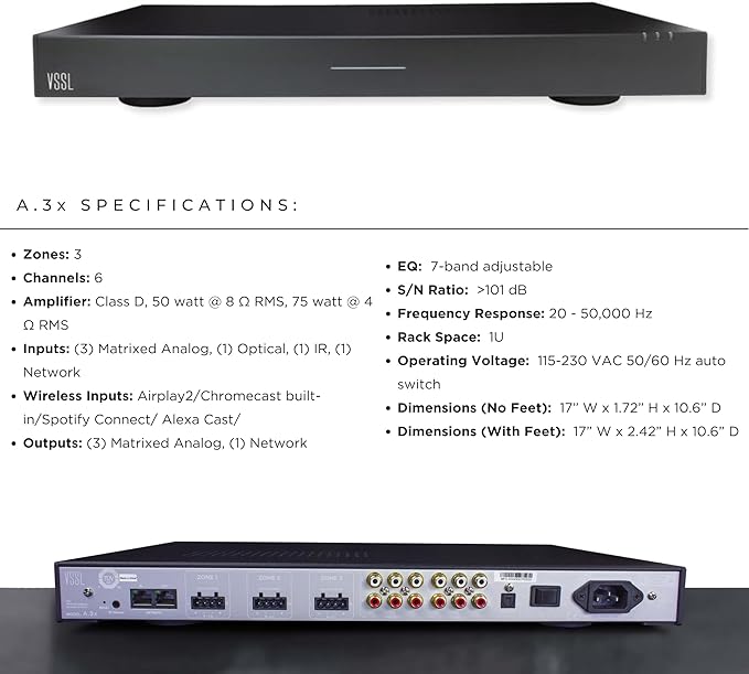 VSSL A.3X 6-Channel, 3 Zone, Audio Streaming Amplifier, Compatible - Image 5