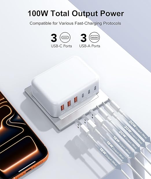 Fast Charger Block, GaN 6 Port USB C Charging Station Hub Cube, 100W Multiport - Image 2
