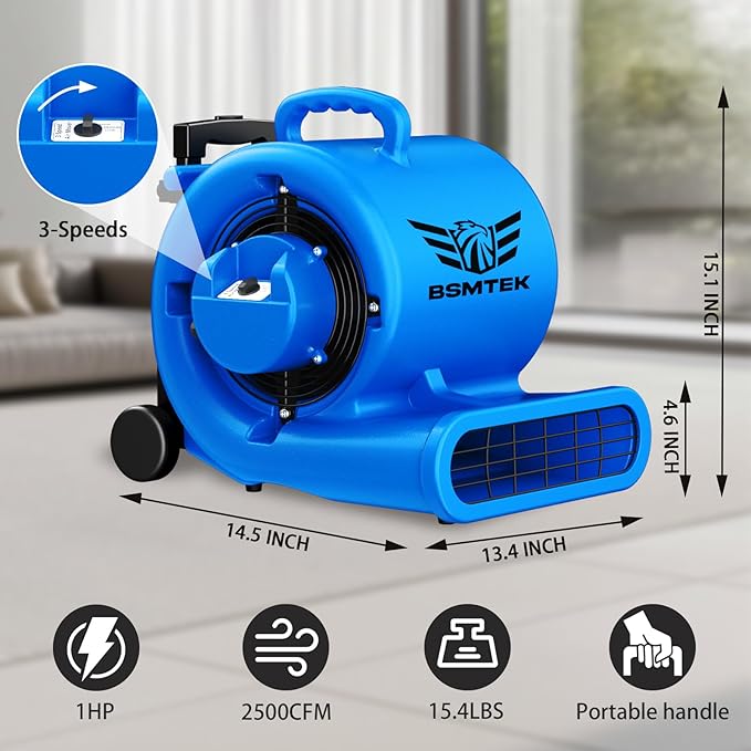 BSMTEK 5000 CFM 1HP Air Mover Blower Fan, Floor Blower Dryer - Image 2