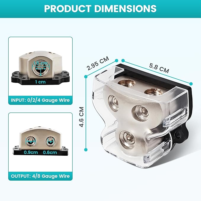 NuIth 2PCS 2-Way Power Distribution Block, 0/2/4 Gauge Input in 4/8 Gauge Out - Image 3