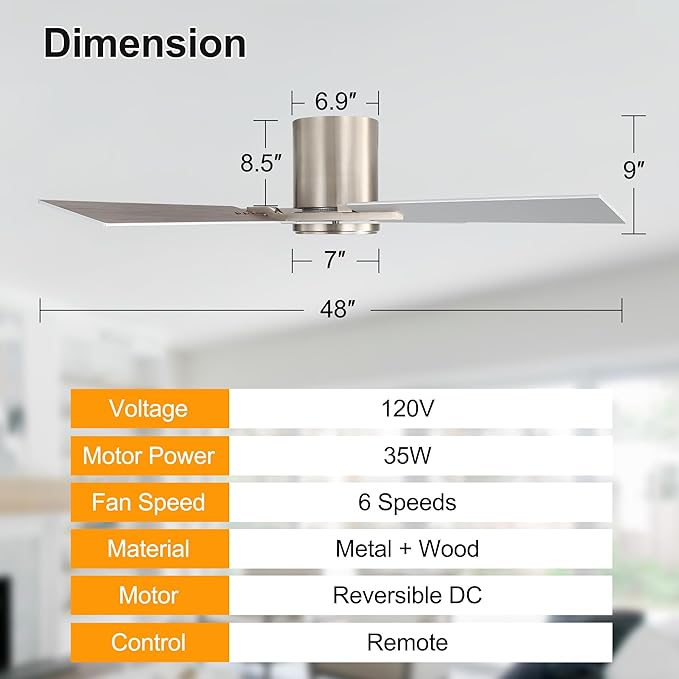 WINGBO 48 Inch Flush Mount Ceiling Fan without Light - Image 5