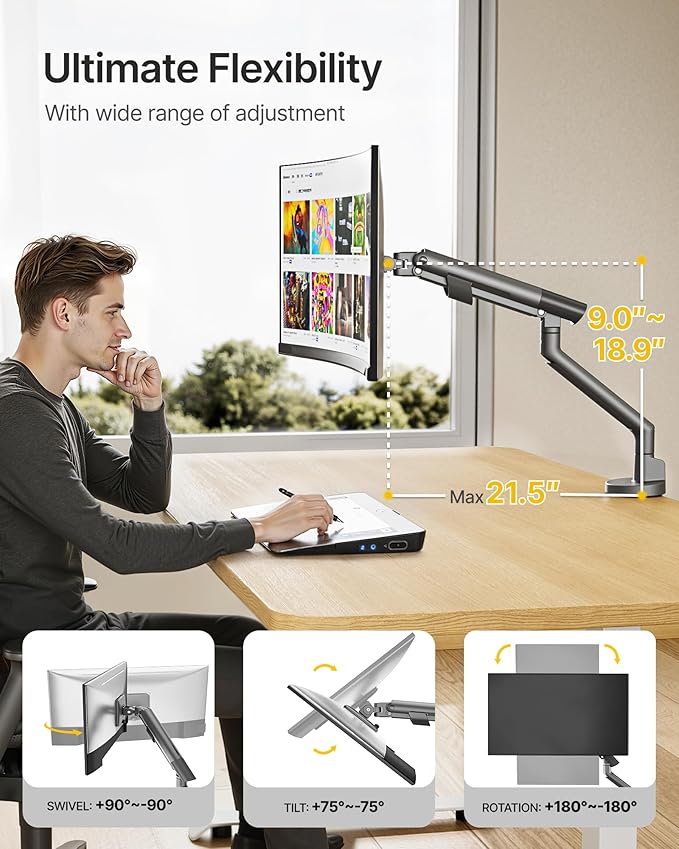monTEK Single Monitor Arm for 17-40 Inch Screens, Heavy Duty Monitor Mount - Image 3