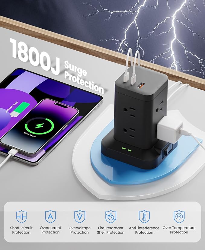 Power Strip Tower with Surge Protector 1800J, Fast Charging Tower PD20W USB-C - Image 6