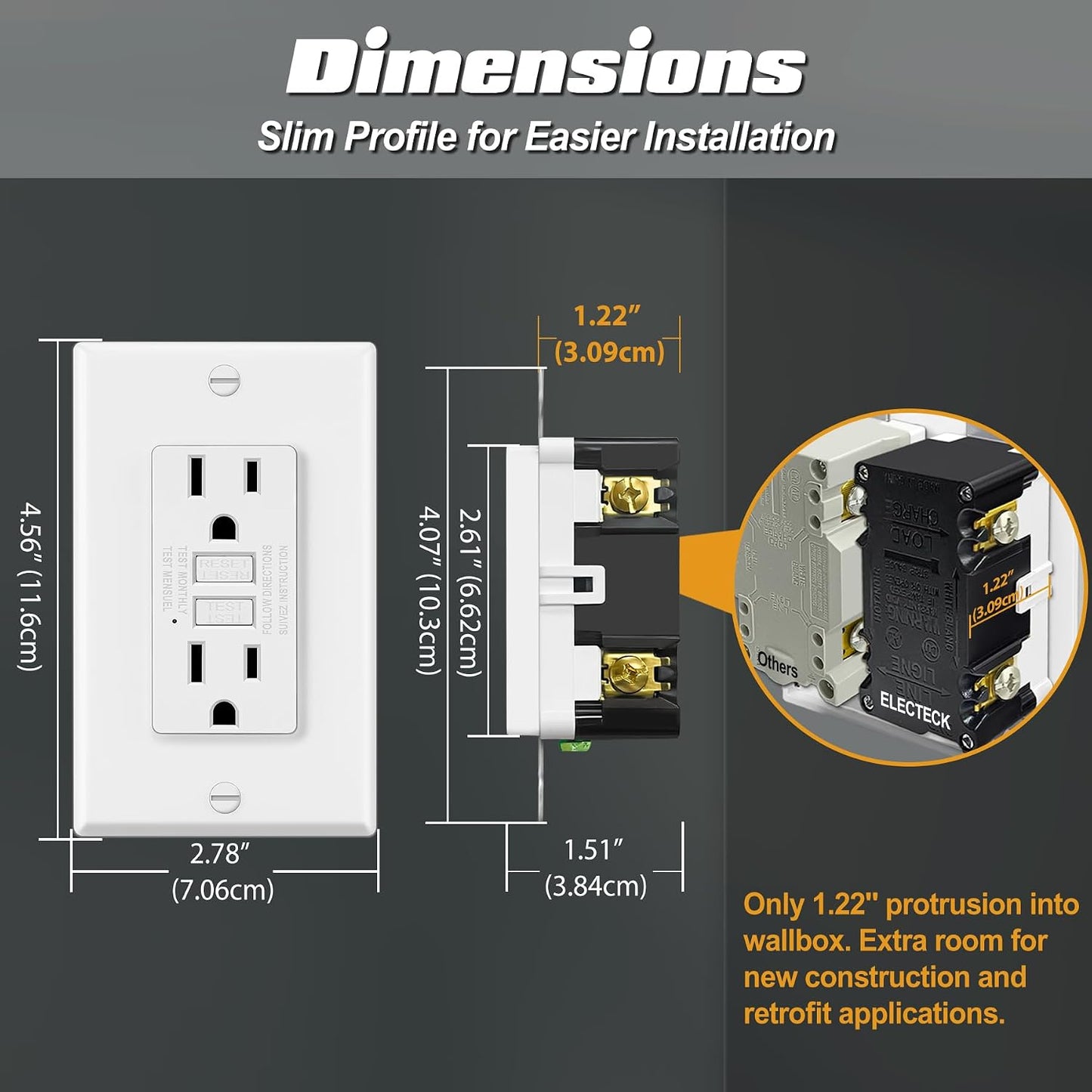 ELECTECK 10 Pack GFCI Outlets 15 Amp, NTR GFI Receptacle, ETL Listed, White | Ultra Slim Design, 15a Non-Tamper Resistant with LED Indicator, Ground Fault Circuit Interrupter, Wallplate Included