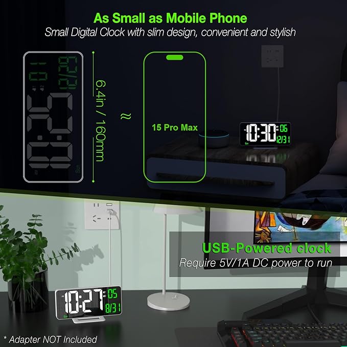 KOSUMOSU Alarm Clock for Bedroom, 6.7" Led Desk Digital Clock, Mirror Clock - Image 2