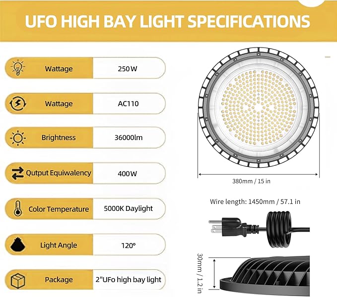 2Pack UFO LED High Bay Light 250w, 5 ft cable - Image 4
