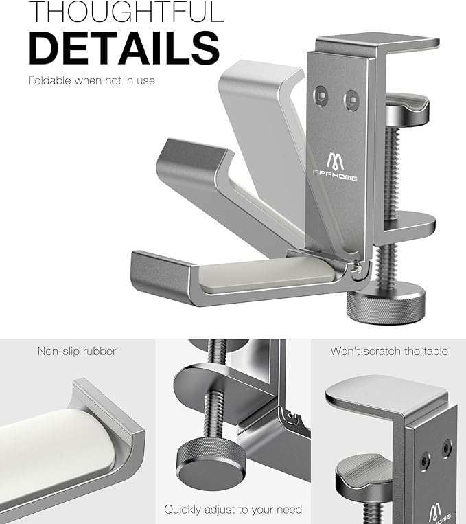Foldable Headphone Stand and Hook – Aluminum Headset Holder Clamp Mount Under - Image 5