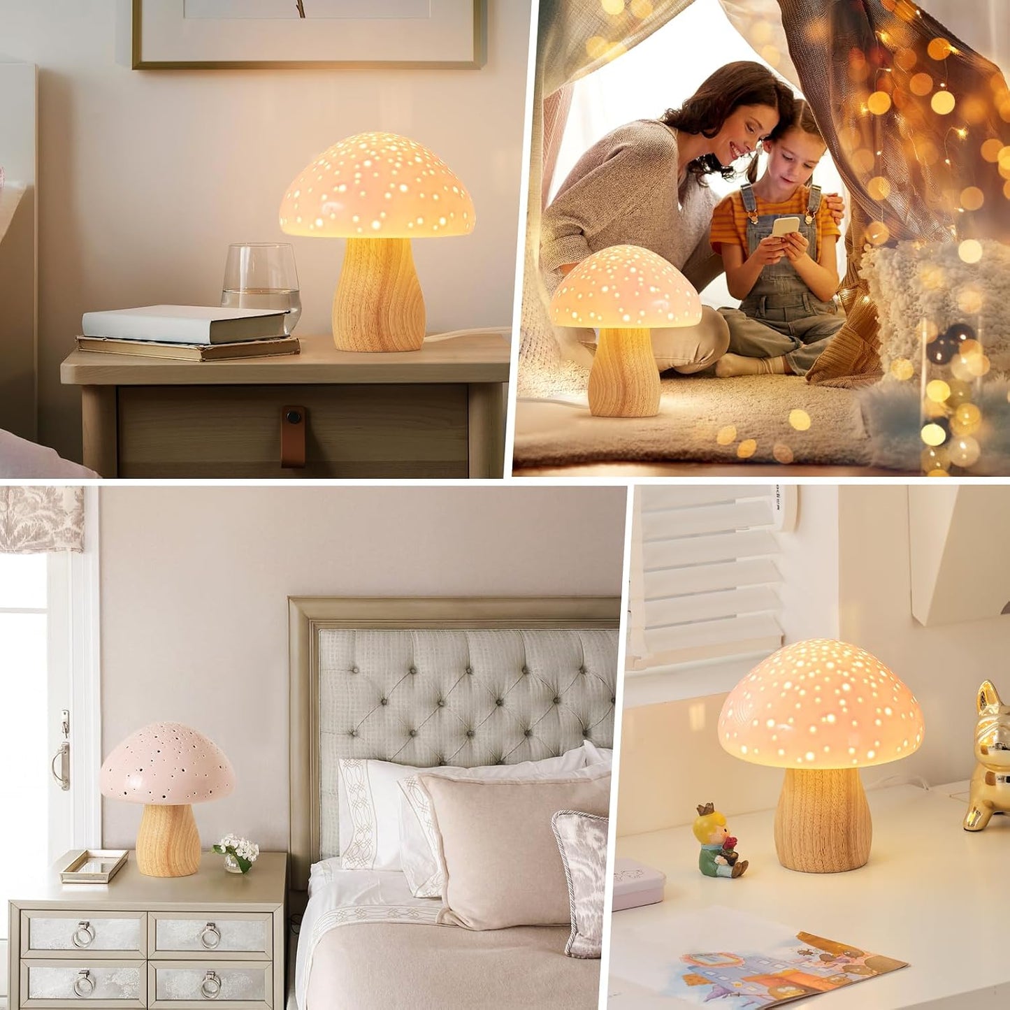 BOHON Mushroom Lamp Ceramic Bedside Table Lamp, Pink | Vintage Cute Night Light Small Aesthetic Nightstand Lamp for Living Room Bedroom Kids Desk Home Decor, LED Bulb Included