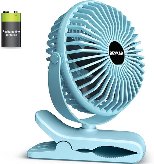 BESKAR Portable Clip on Fan Rechargeable, 4 Speeds Small Battery Operated Fans by BESKAR