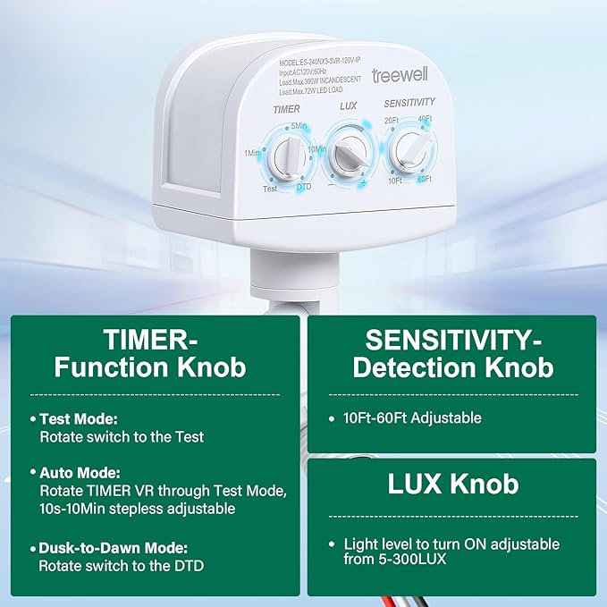TREEWELL 2 Pack 240-Degree Replacement Motion Sensor, Adjustable LUX & Time & - Image 3