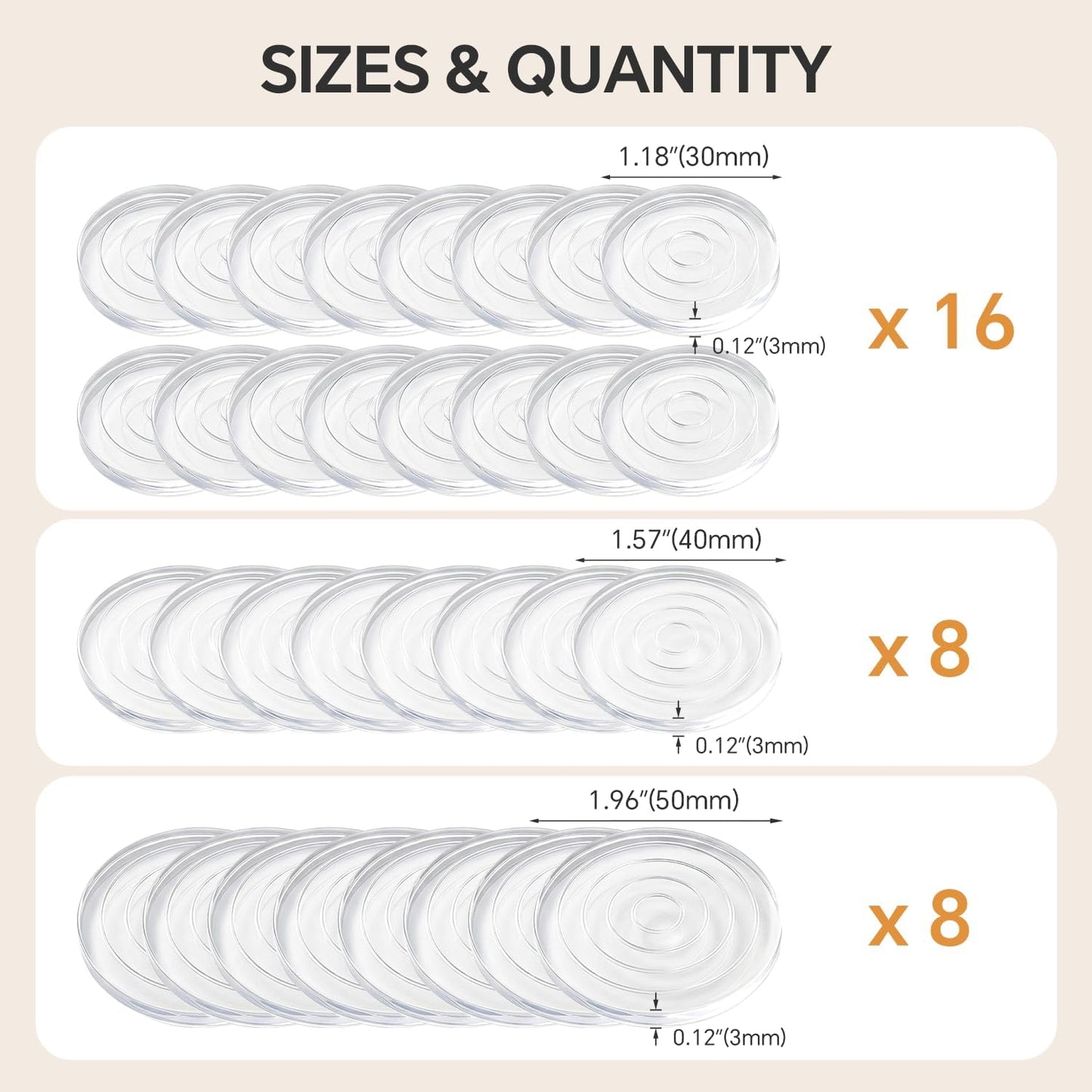 32-Pack Non-Slip Silicone Cutting Board Feet — Self-Adhesive Rubber Feet for Cutting Board, 16×1.2in + 8×1.6in + 8×2in — Reusable, Washable Anti-Slip Pads for Trays, Furniture & Chairs