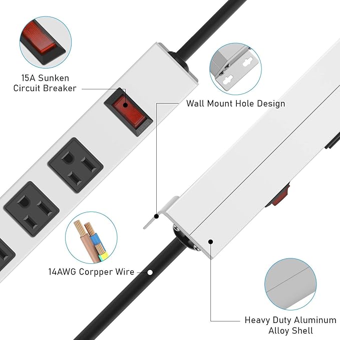 JUNNUJ Metal 8 Outlet Power Strip, Mountable Heavy Duty Power Strip, 1200J - Image 7