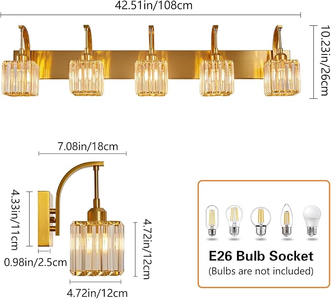 FDPBY 5-Light Crystal Vanity Light, Modern Gold Bathroom Wall Sconce - Image 4
