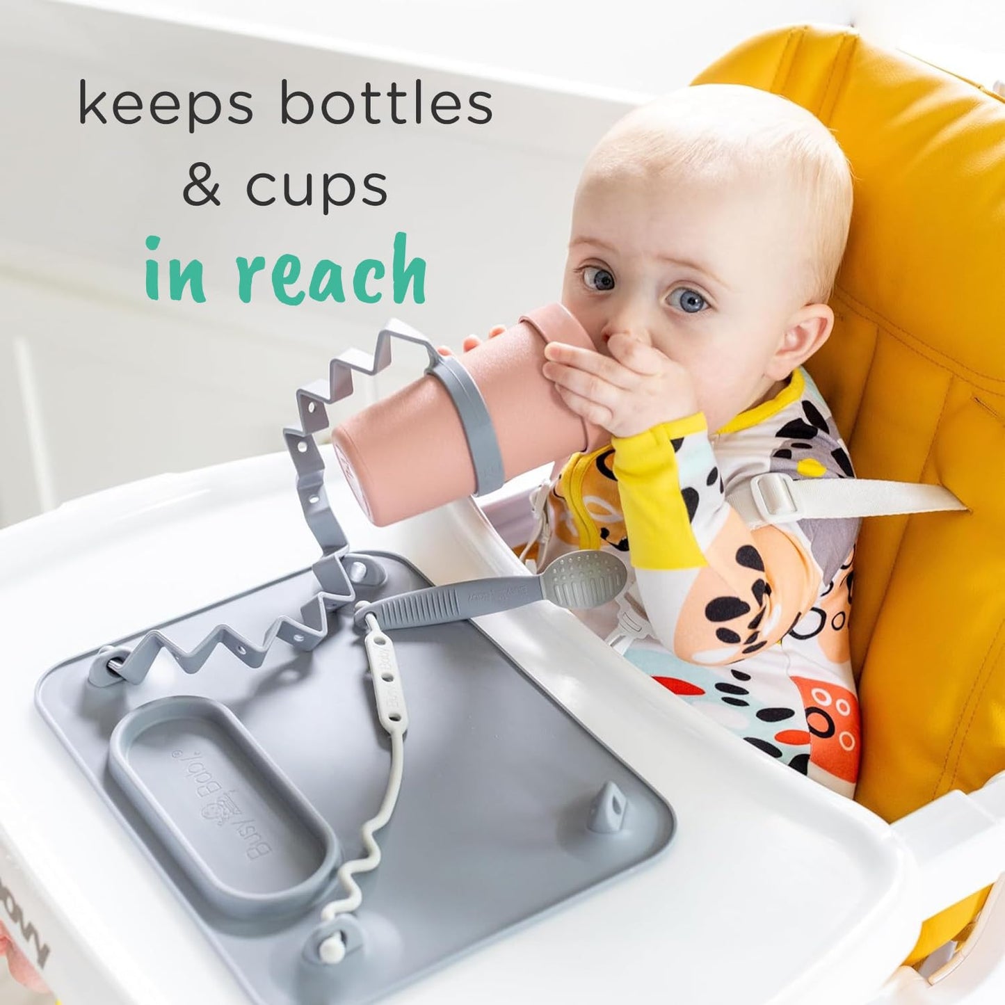 Busy Baby Bottle Bungee and Sippy Cup Strap in Food Grade Silicone (Pewter)