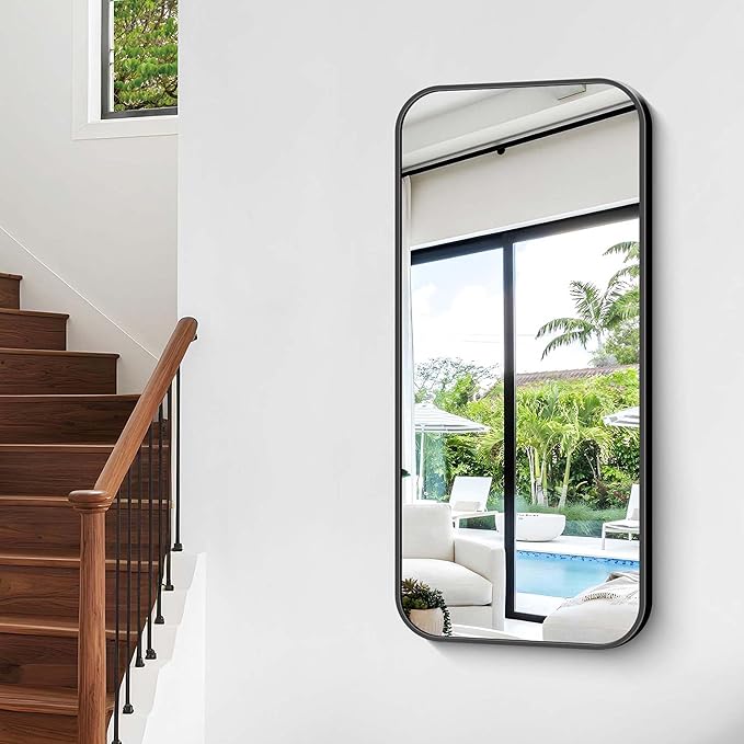 Bathroom Mirror, 48 x 24 inch Black Rectangle Wall Mirror, Metal Framed - Image 5