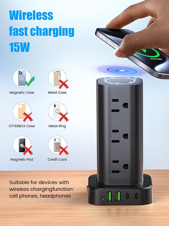 Tower Power Strip with 15W Wireless Charger, 10FT Flat Plug Extension Cord with - Image 2