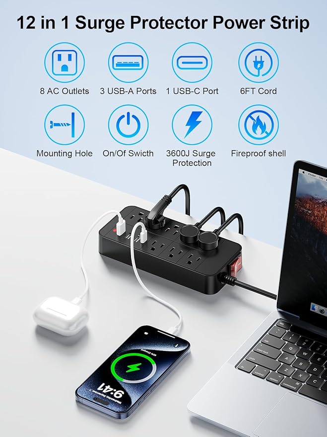 Otovoda Surge Protector Power Strip, 6 Ft Extension Cord - Image 2