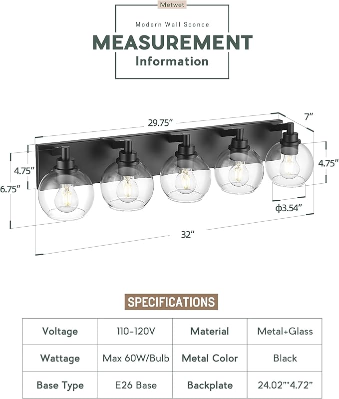 METWET Bathroom Light Fixtures, 5 Light Matte Black Vanity Light, 32 Inch - Image 4