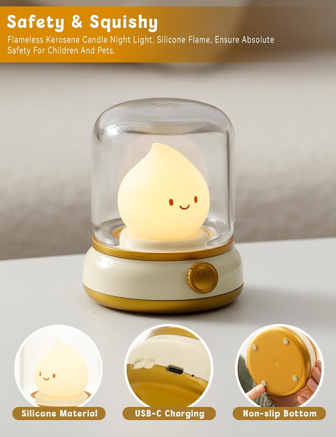 WANIDEA Night Light for Kids, Rechargeable Night Light for Bedroom | Stepless Dimming, Retro Flame, Room Decor, Warm Candlelight, Gifts for Kids, Bedside Lamp With USB-C Charging Cable