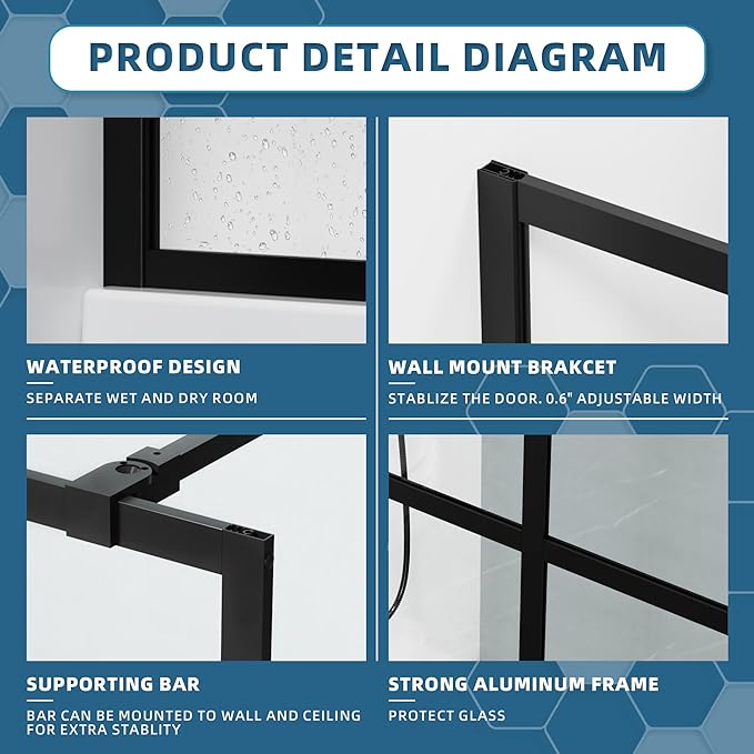 Goodyo 46" x 72" Shower Glass Door Tempered Glass Shower Screen - Image 4