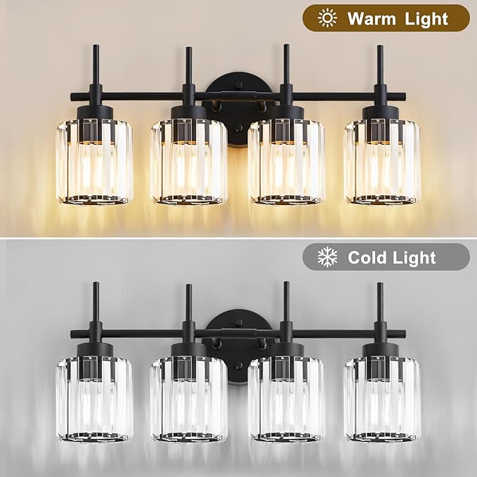 EJIAXIN 4 Light Round Crystal Vanity Lights, Modern Black Crystal Wall Light - Image 4