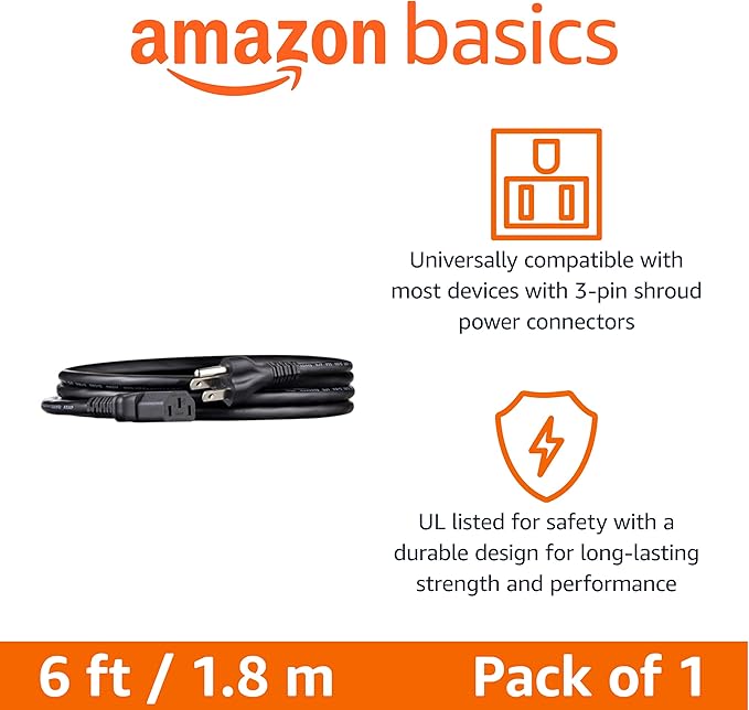 Amazon Basics PC Power Cord, 6 feet, AC Power Cord - Image 2