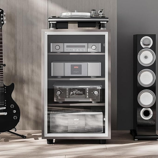 Media Storage Cabinet with Tempered Glass Door, 3 Adjustable Shelves Stereo by Grufle
