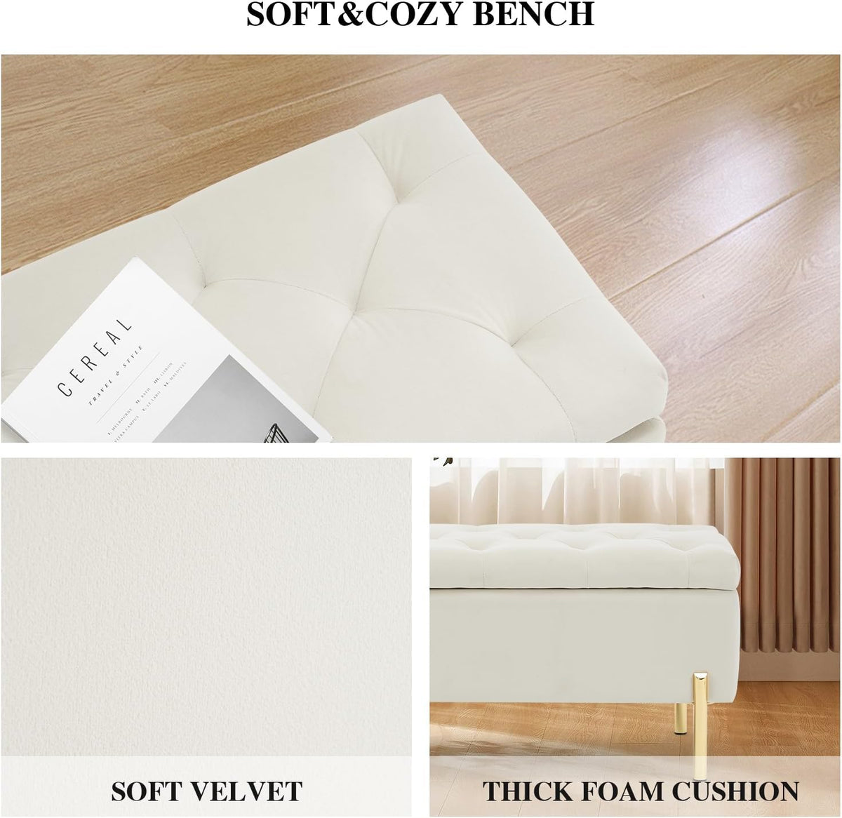 velvet storage bench ottoman, 45.6-inch end of bed showing dimensions