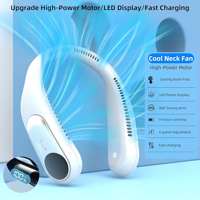 Portable Neck Fan, Personal Wearable Bladeless Fan, LED Display, 6000mAh USB - Image 3