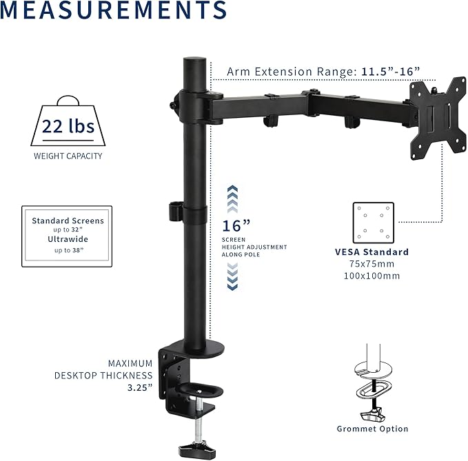 VIVO Single 13 to 38 inch Ultrawide Monitor Arm Desk Mount, Regular Screens up - Image 6