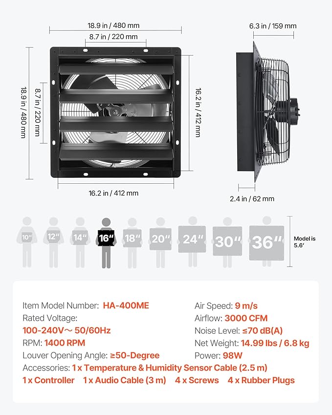 VEVOR 16 inch Shutter Exhaust Fan, Wall Mounted Attic Vent Fan - Image 7