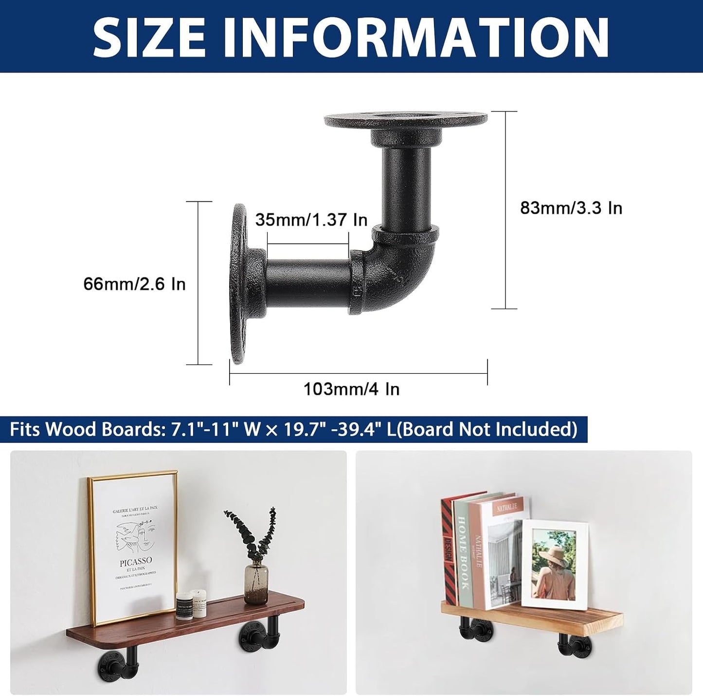 NearMoon Industrial Pipe Iron Shelf Brackets-Wall Mounted DIY Rustic Pipe Metal Brace Brackets, Vintage Farmhouse Décor Hardware Shelving Brackets for Floating Shelves, Black (4 Inch, 4)