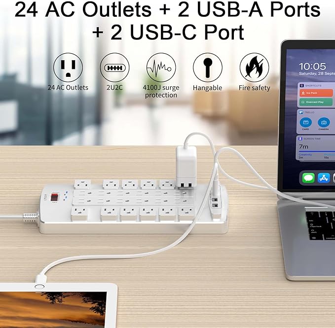 QINLIANF Surge Protector Power Strip - 10Ft Flat Plug Heavy Duty Extension Cord - Image 2