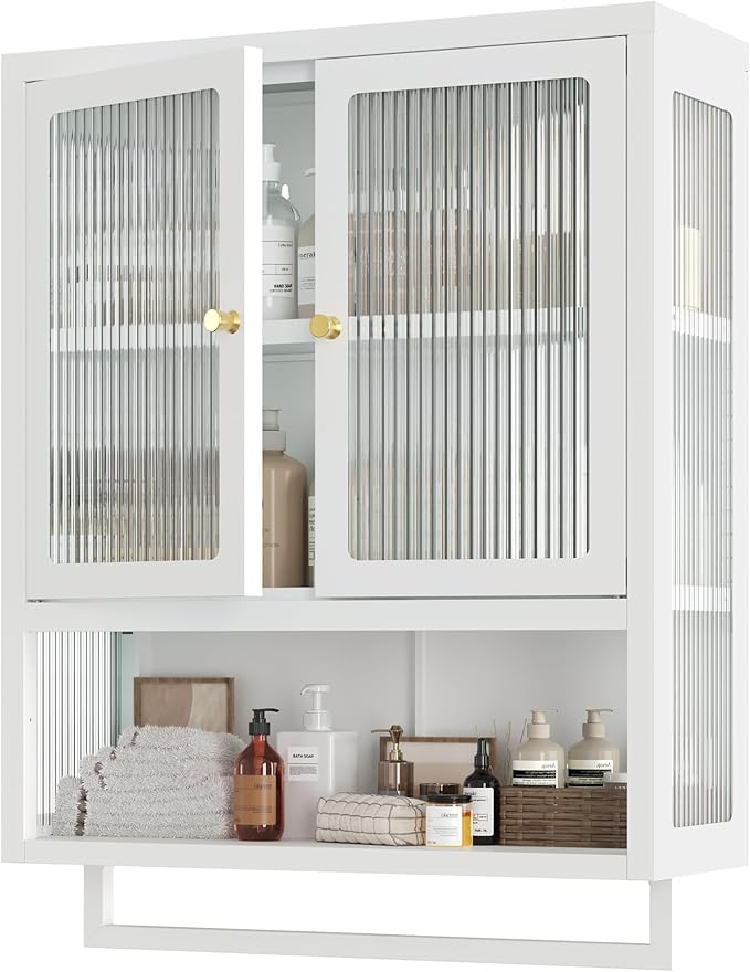 Bathroom Wall Cabinet with 2 Glass Door, Bathroom Medicine Cabinet with Towels by Qiaoxuan