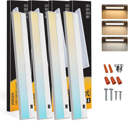 Ansen 4Packs of Under Cabinet Lighting Hardwired, 24IN 18W 1237LM, Dimmable Led by ANSEN