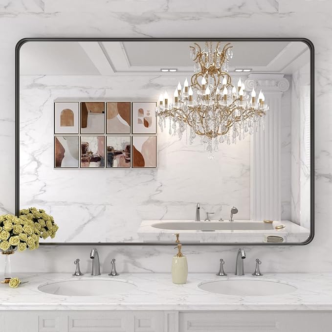 LOAAO 48X32 Inch Black Metal Framed Bathroom Mirror - Image 7