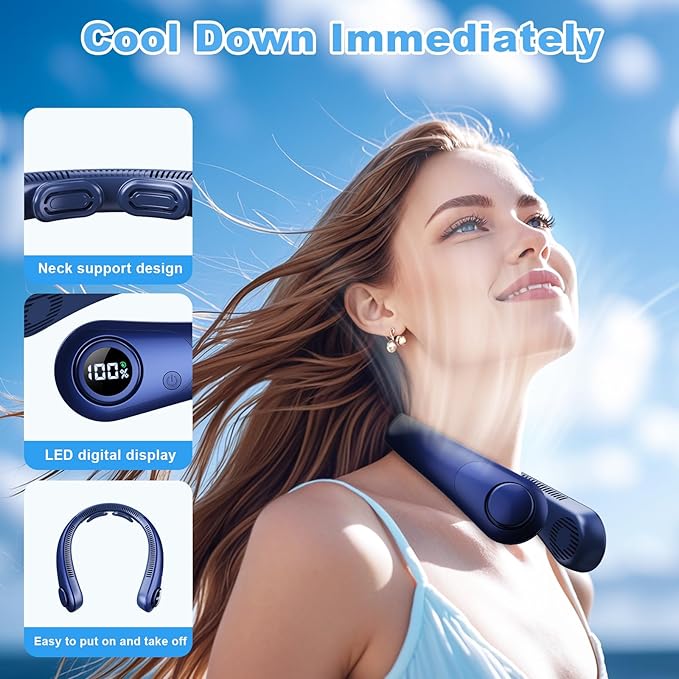 Portable Neck Fan that Blow Cold Air, LED Display, Rechargeable Hands-Free - Image 2