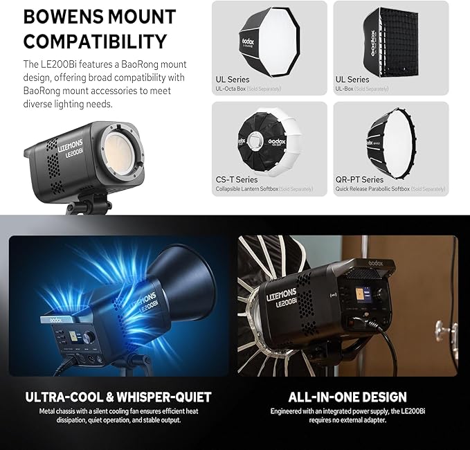 Godox Litemons LE200Bi 220W Bi-Color LED Video Light, 57700Lux@1M - Image 6