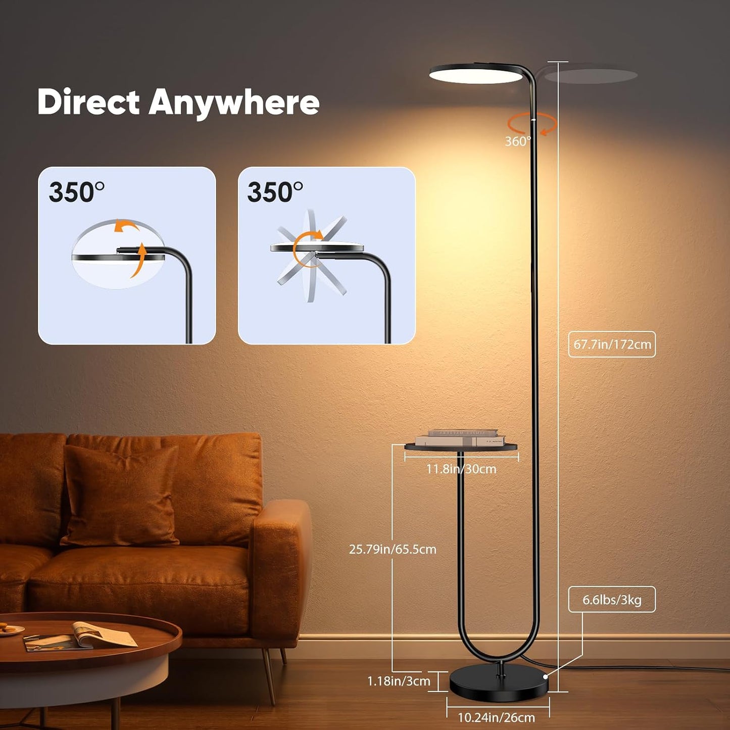 36W LED Floor Lamp with Table, Super Bright Standing Lamp, Modern Stepless Dimmable Torchiere Tall Lamp with Remote Control, 350°Rotating Head Floor Lamp for Living Room, Bedroom, Office