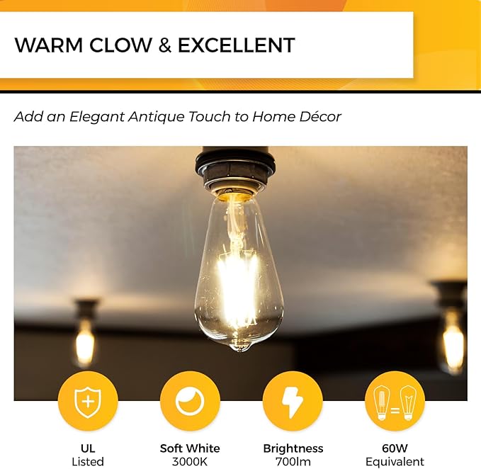 Hizashi LED Edison Bulbs, Equivalent 60W, 3000K Soft White, Dimmable E26 LED - Image 3