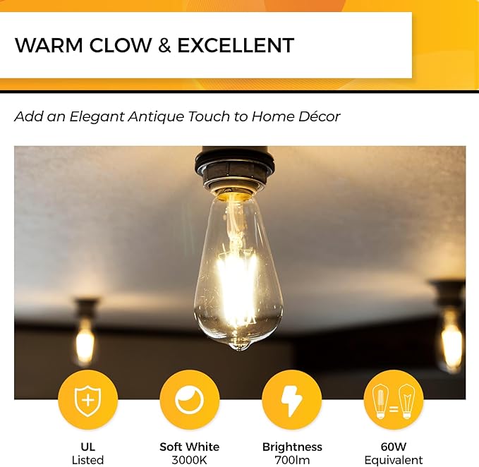 Hizashi Vintage LED Edison Bulb Dimmable, 6W Equivalent 60W, 3000k Soft White - Image 2