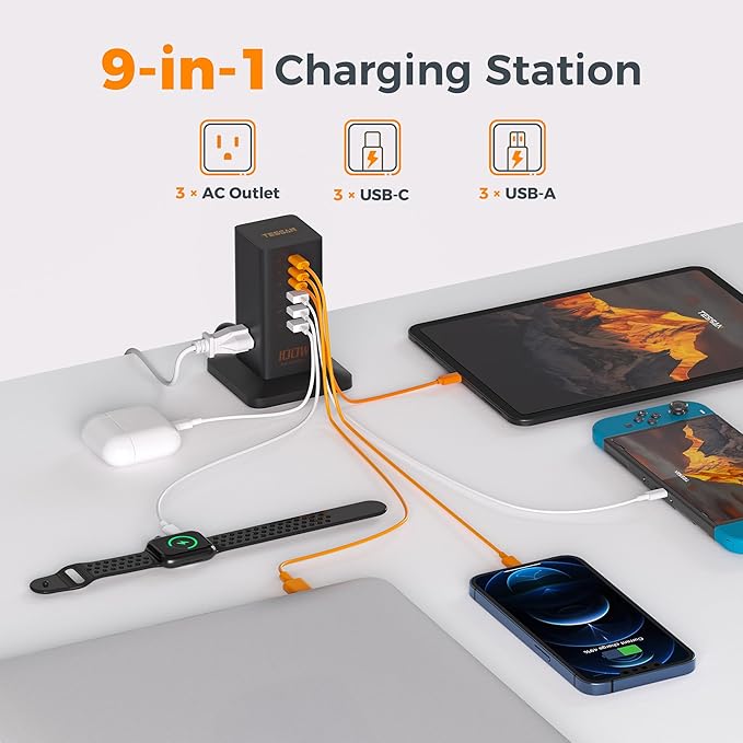 Charging Station PD 100W, TESSAN 9-in-1 USB C Power Strip - Image 3