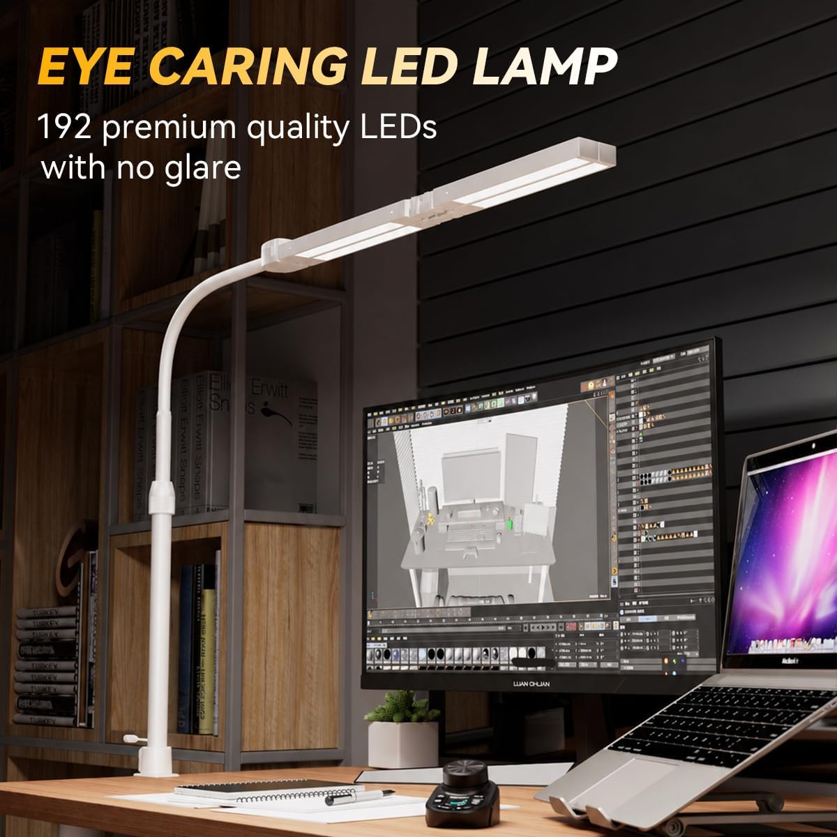 Adjustable LED Desk Lamp with Clamp, 4-Head Eye-Caring CRI95+ Desk Light, Stepless Dimming & Color Temp Remote Control, Flexible Neck, 5-Mode for Reading, Computer, Crafting, 90" Wide Desk Coverage