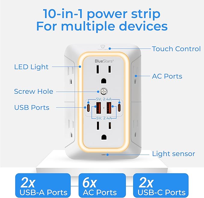 Wall Mount Power Strips Wall Charger 6 Outlet Extender 4 USB Ports and Night - Image 2