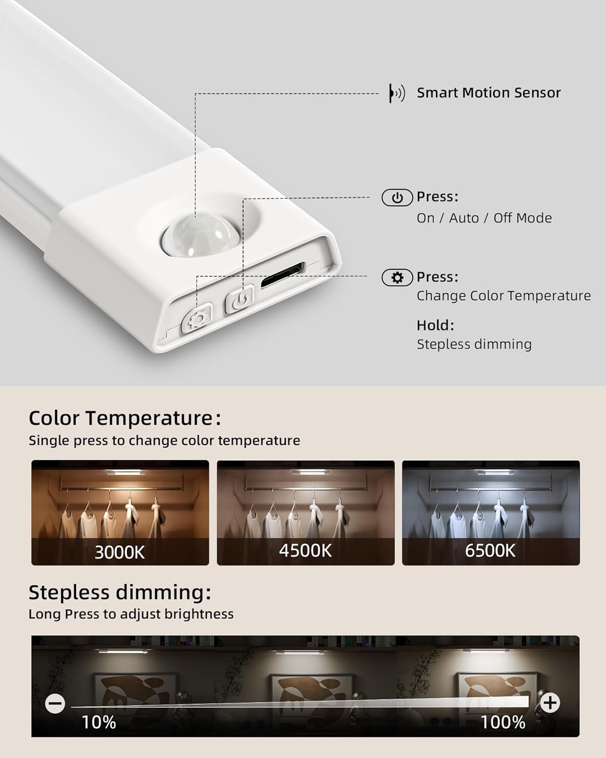 EZVALO 3 Pack 8” Motion Sensor Light Indoor Rechargeable, Stick on Under Cabinet Lighting Wireless, 30 LEDs Closet Light, Dimmable, 3 Color Temps, Counter Lights for Wardrobe, Pantry, Bedroom, Kitchen