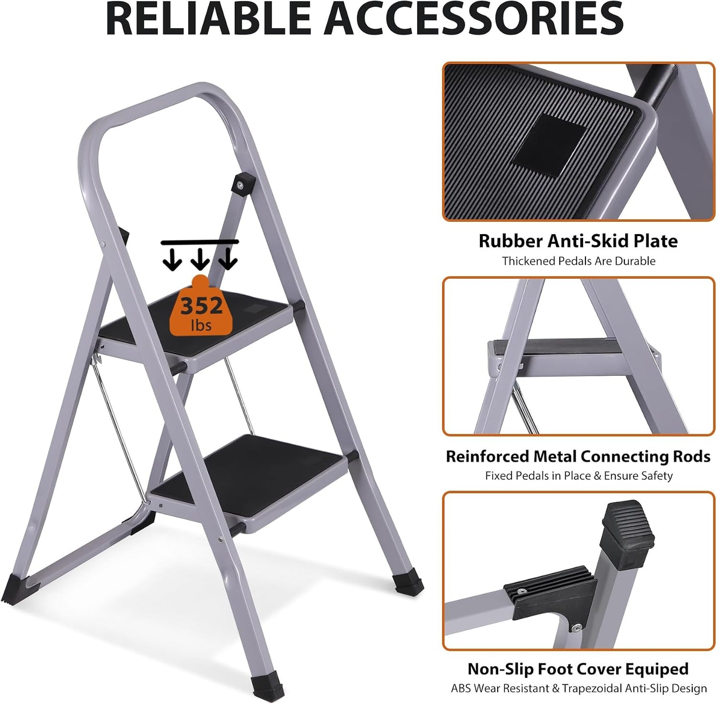 ZENY 2 Step Ladder Folding Step Stool with Wide Anti-Slip Pedal, Convenient Handgrip, Portable Steel Step Stool, 300 lbs Sturdy Steel Ladder for Household and Office, Gray